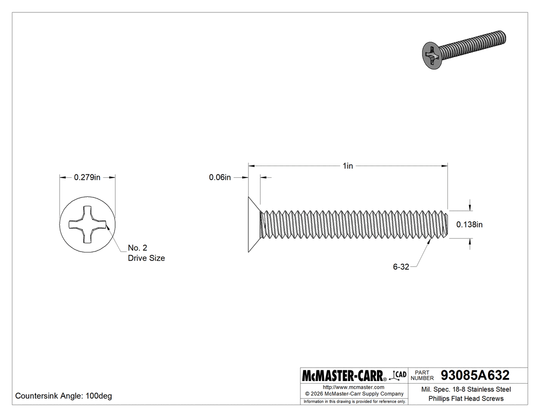 Technical Drawing of Mil. Spec. 18-8 Stainless Steel Phillips Flat Head Screws, Black-Oxide, 100 Degree Countersink, 6-32 Thread Size, 1" Long.